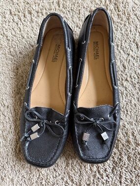 Michael Kors Black Leather Moccasin Loafers with Bow Tie Detail
